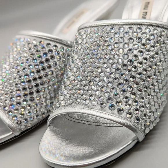Miu Miu Women's Embellished Slide Heel Sandals Argento Size 38 (MSRP $1,200) - Picture 5 of 11